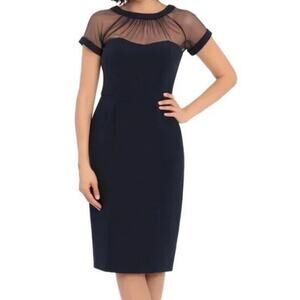 Maggy London Illusion Yoke Crepe Cocktail Dress Navy Blue Women's Size 12 NWT